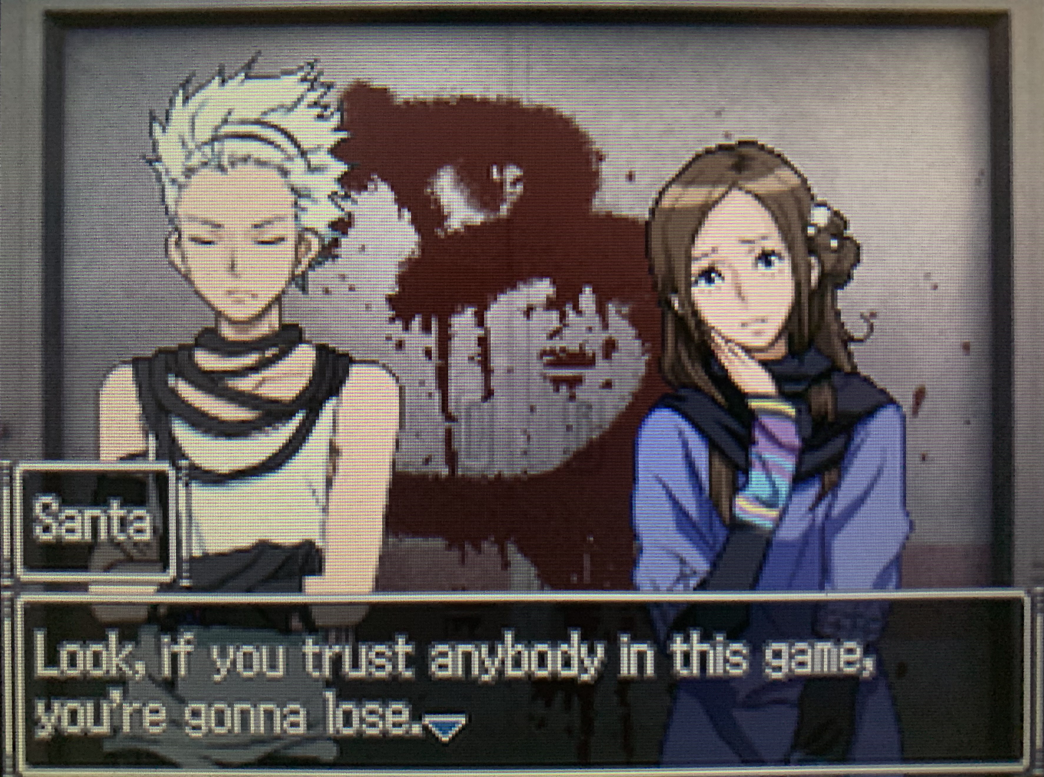 A man and woman standing in front of a door with a big red 3. Man says “Look, if you trust anybody in this game, you’re gonna lose.”