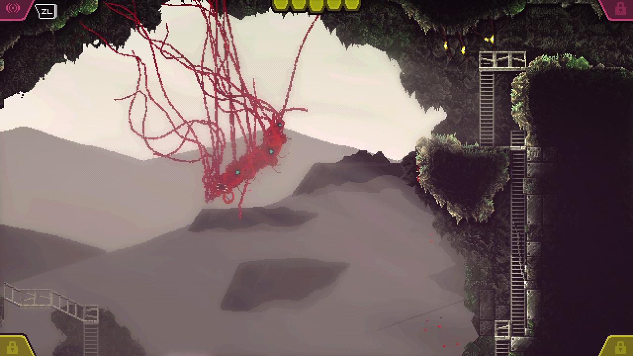 An amorphous red beast swings across a natural environment on numerous tendrils. 
