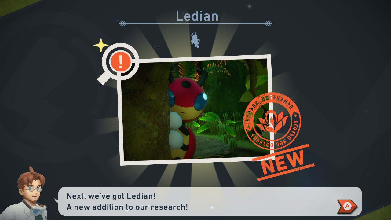 Professor Mirror evaluates a picture of a ladybug pokemon clinging to a tree and looking at the camera. He says, “Next, we’ve got Ledian! A new addition to our research!”