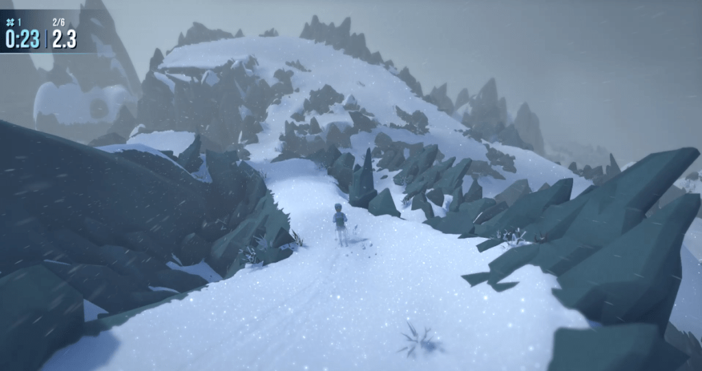 A skier descends a narrow trail lined by sharp black rocks. 