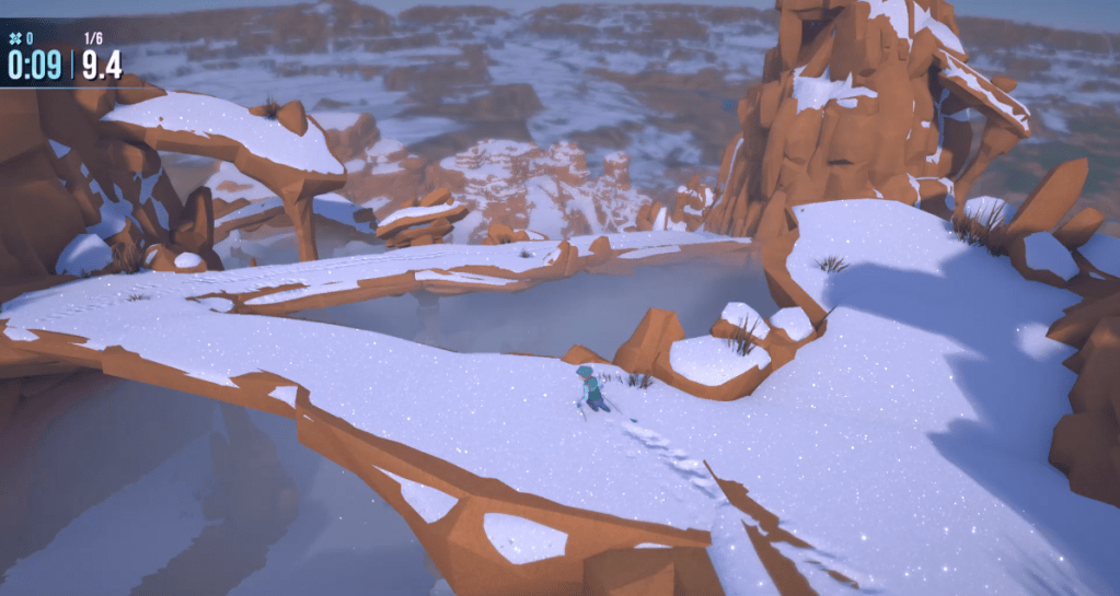 A skier navigates a snowy path atop flat, elevated zigzag rocks. 