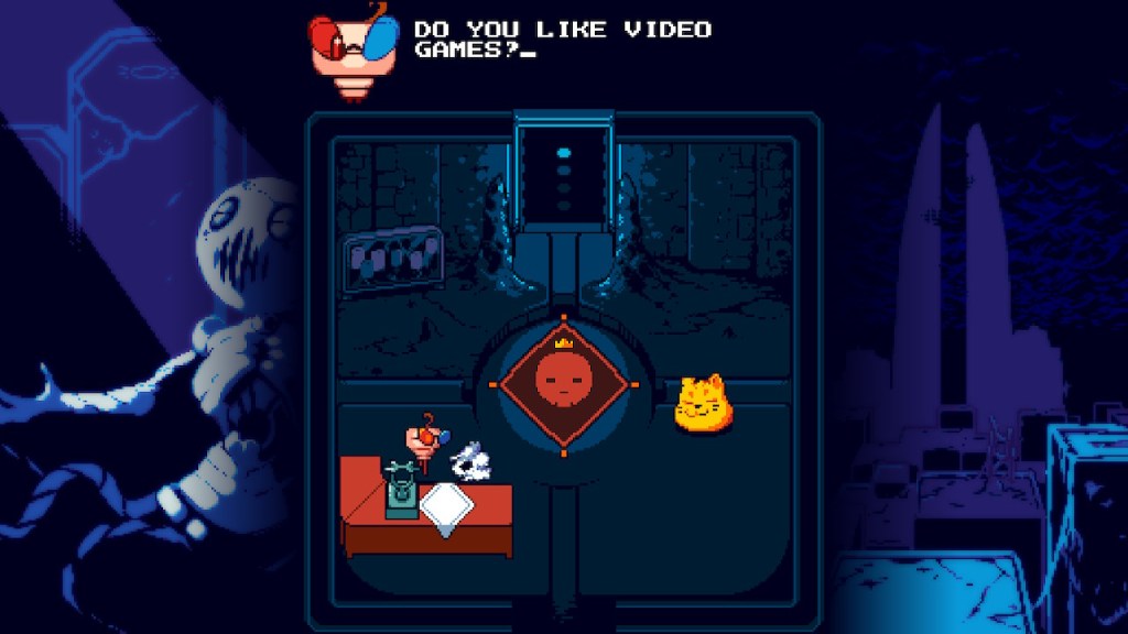 Screenshot from Star of Providence. A robot wearing 3D glasses asks a spaceship "Do you like video games?"