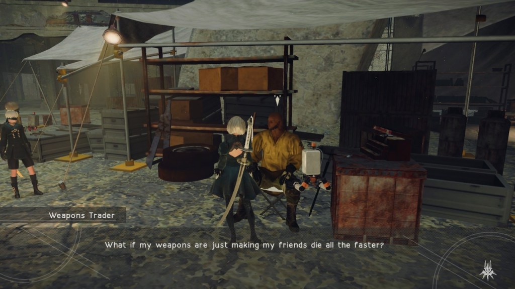 Android 2B speaks with a weapons trader who asks, "What if my weapons are just making my friends die all the faster?"