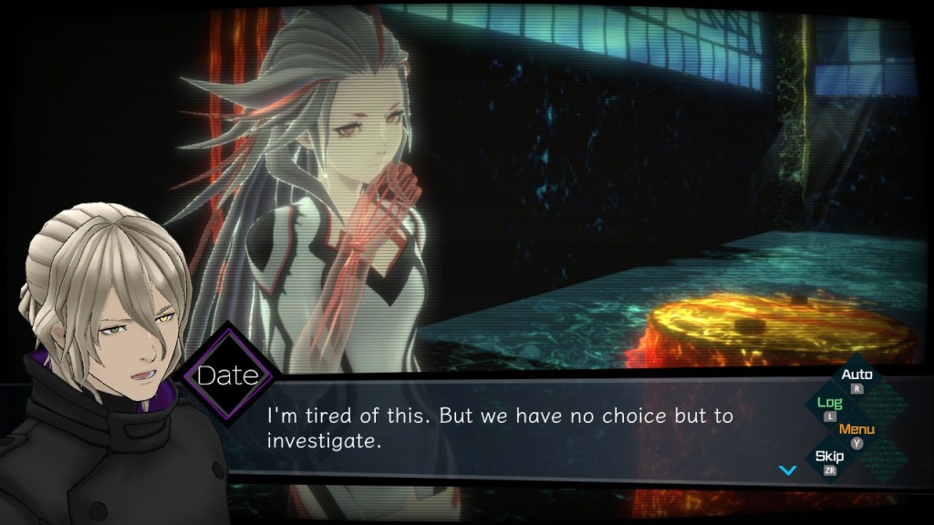 A hologram woman with pale skin, white clothes and hair, and red accents stands in a dark warehouse and looks pensive. Detective Kaname Date says “I’m tired of this. But we have no choice but to investigate.”