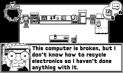 Screenshot from the game Casual Birder, rendered in black and white pixels. The protagonist is in his apartment looking at a computer. He says, "This computer is broken, but I don't know how to recycle electronics so I haven't done anything with it.