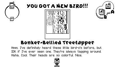 Screenshot from the game Casual Birder, rendered in black and white pixels. The screenshot depicts a man with a photograph of a woodpecker perched on a tree covered in holes. Text reads, "You got a new bird!!! Bonker-Bellied Treetapper." A further description reads, "Hmm. I've definitely heard these little bird-o's before, but IDK if I've ever seen one. They're always tapping around. Haha. Cool. Their heads are so colorful. Nice."