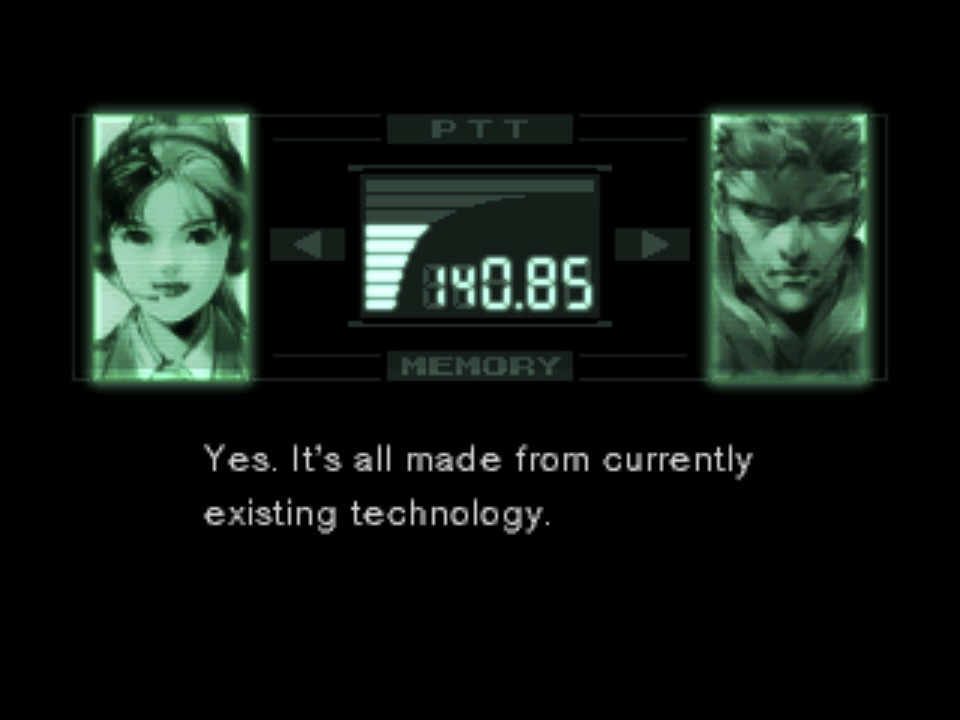 Screenshot from the game Metal Gear Solid depicting a codec conversation between Snake and Mei Ling. Mei Ling says, "Yes. It's all made from currently existing technology."