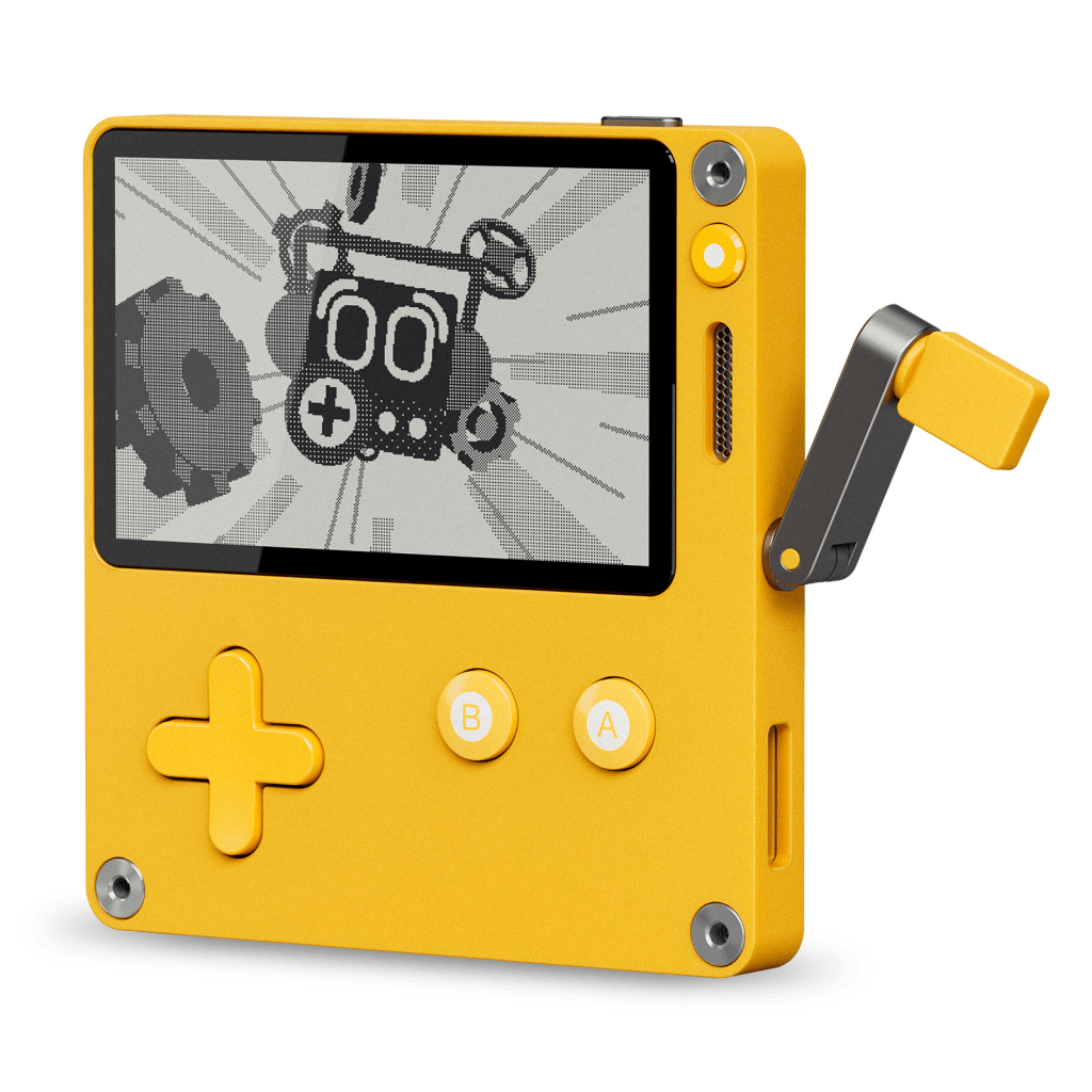 A product image for the PlayDate handheld game console. It is a thin, square, yellow device, with circular metal bezels in three of its corners. On its face is a direction pad, two buttons labeled "A" and "B," a menu button in the corner, a small speaker grill, and a screen showing a pixelated black and white image of a dark square with headphones emitting cranks and rays all around it. On top of the system is a power button, and on the system's right side is a metal crank with a yellow tip deployed from its storage nook and held at an angle.